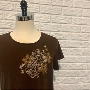 Liz Claiborne Brown T-Shirt with Floral Designs